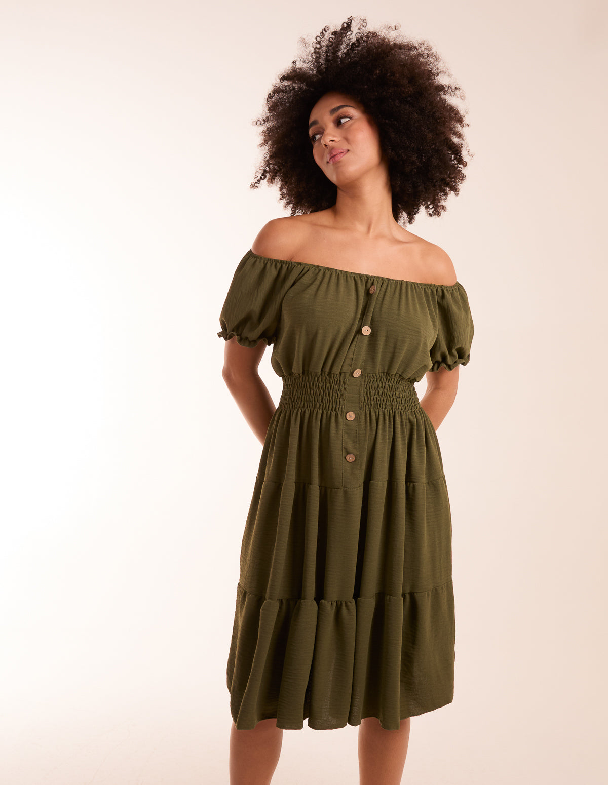 Khaki | Coconut Button Bardot Dress | Blue Vanilla Khaki | Coconut Button Bardot Dress | Blue Vanilla