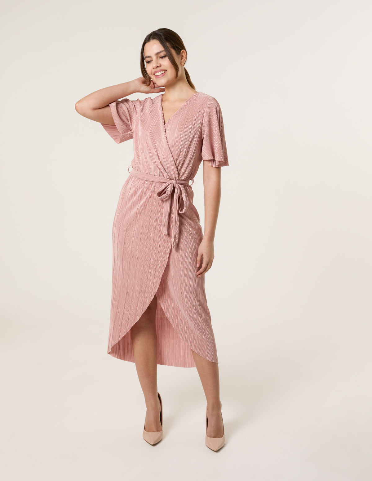 Pink | Plisse Wrap Over Midi Dress | Blue Vanilla Pink | Plisse Wrap Over Midi Dress | Blue Vanilla