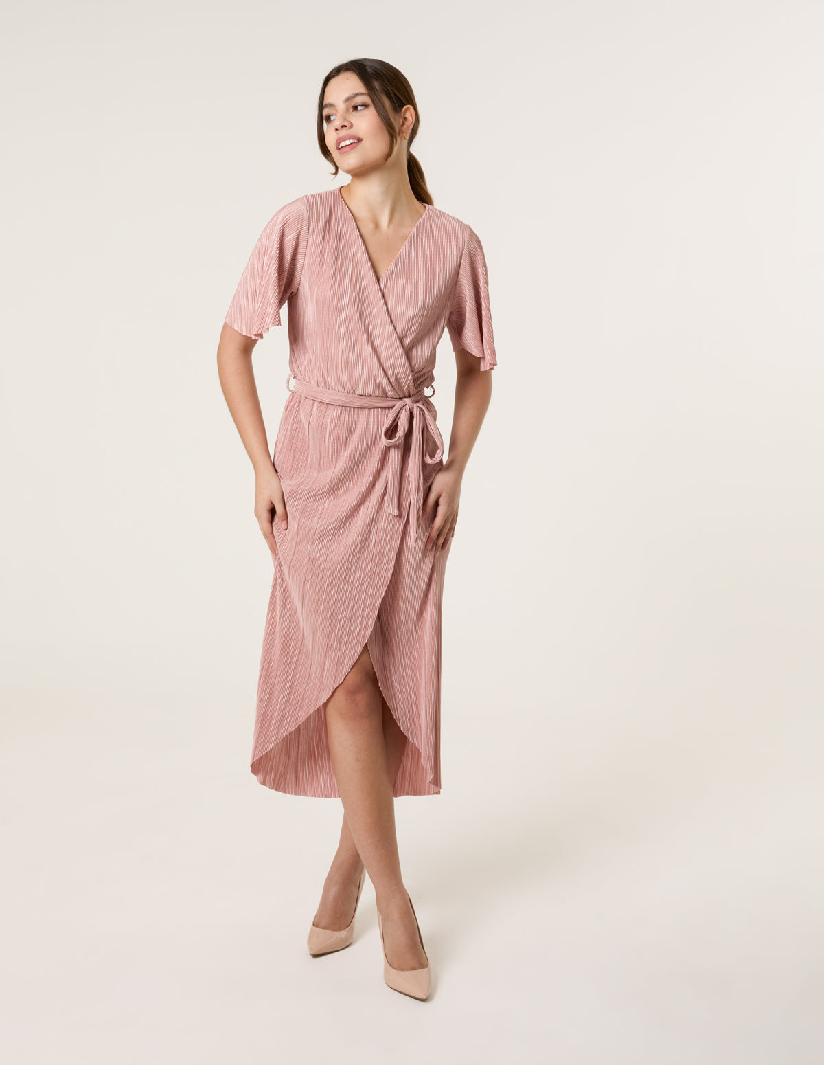 Pink Plisse Wrap Over Midi Dress Blue Vanilla