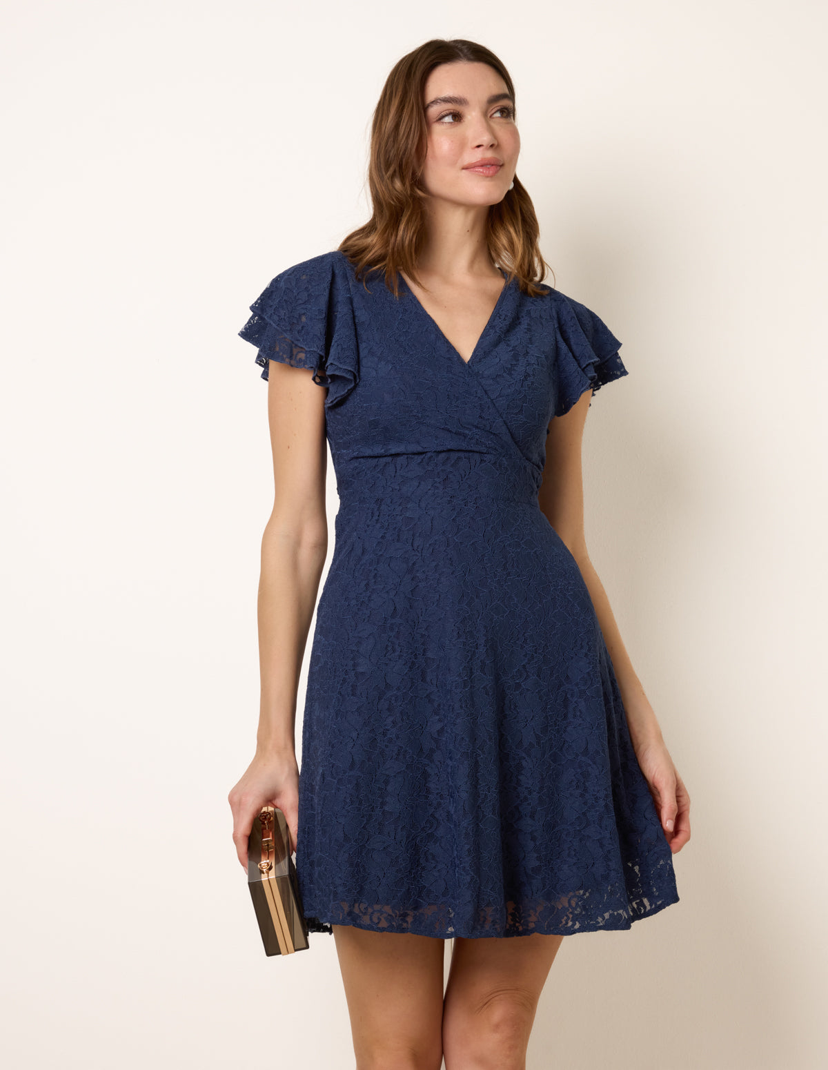 navy blue lace dress with sleeves Navy | Lace Angel Sleeve Mini Dress