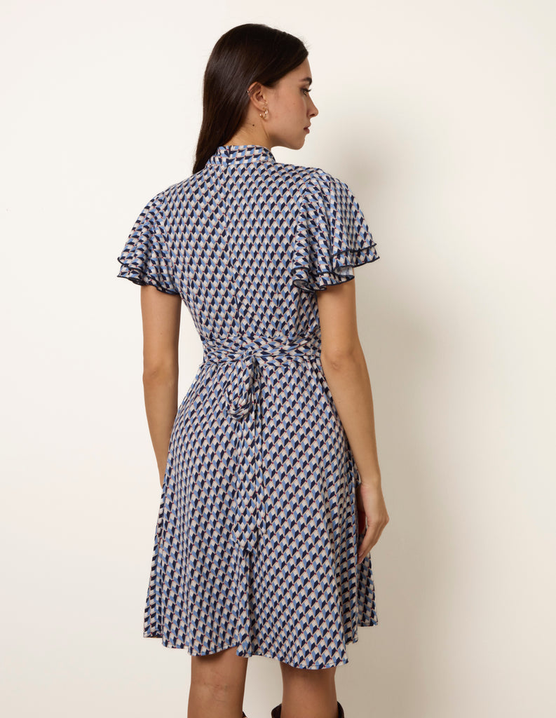 Navy Pattern | High Neck Angel Sleeve Mini Dress