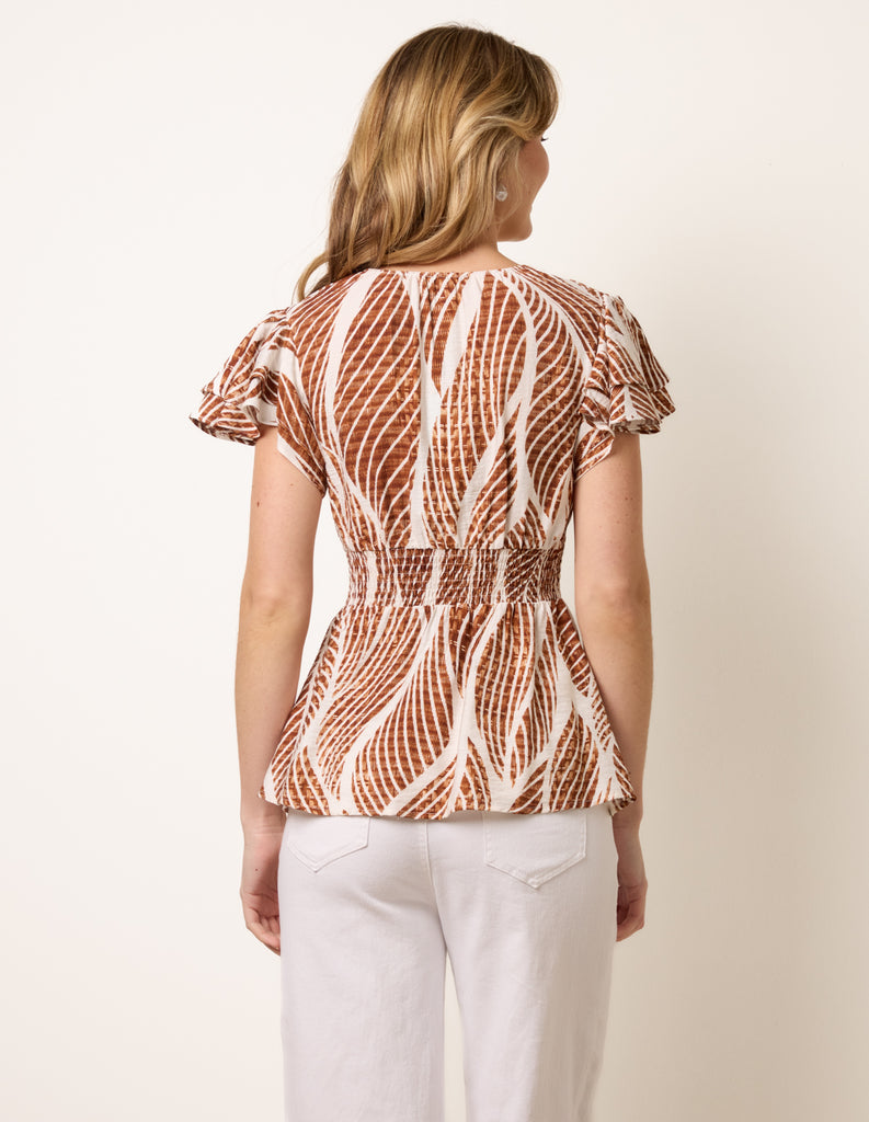 Brown | Printed Frill Peplum Top │ Blue Vanilla