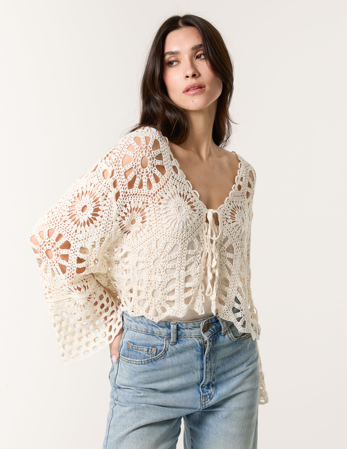 Stone Long Sleeved Crochet Cardigan Blue Vanilla