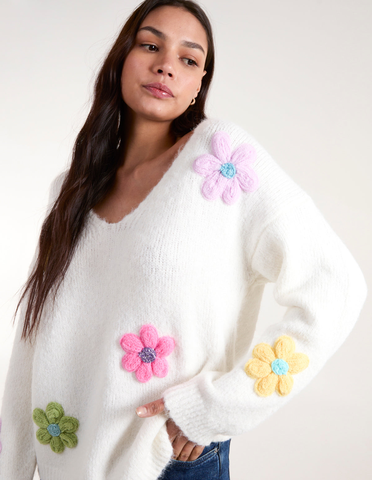 Ivory Flower Knit Embroidery V Neck Jumper Blue Vanilla