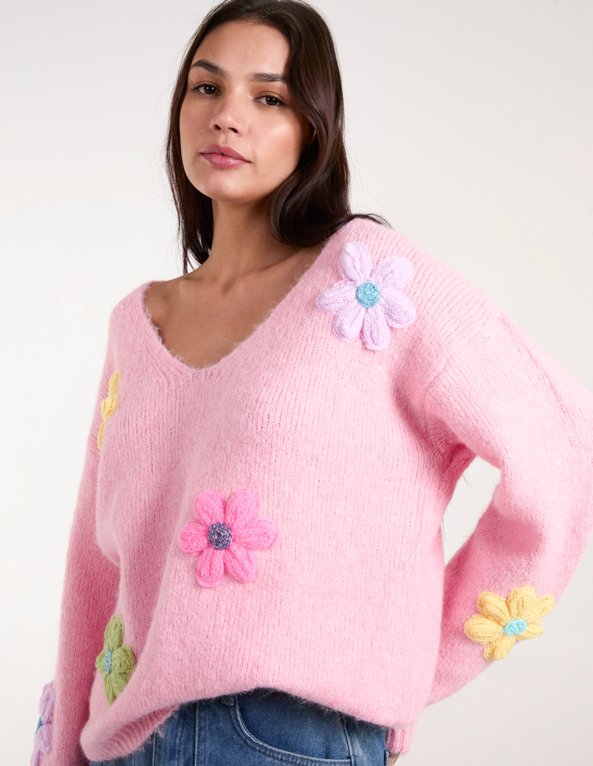Pink Flower Knit Embroidery V neck Jumper Blue Vanilla