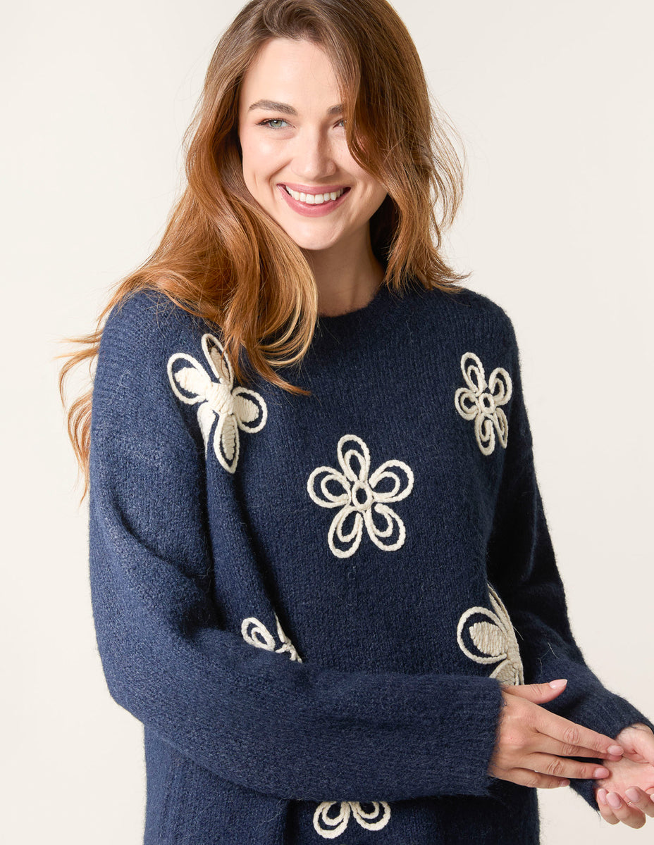 Navy | Jumper With Embroidered Flowers | Blue Vanilla