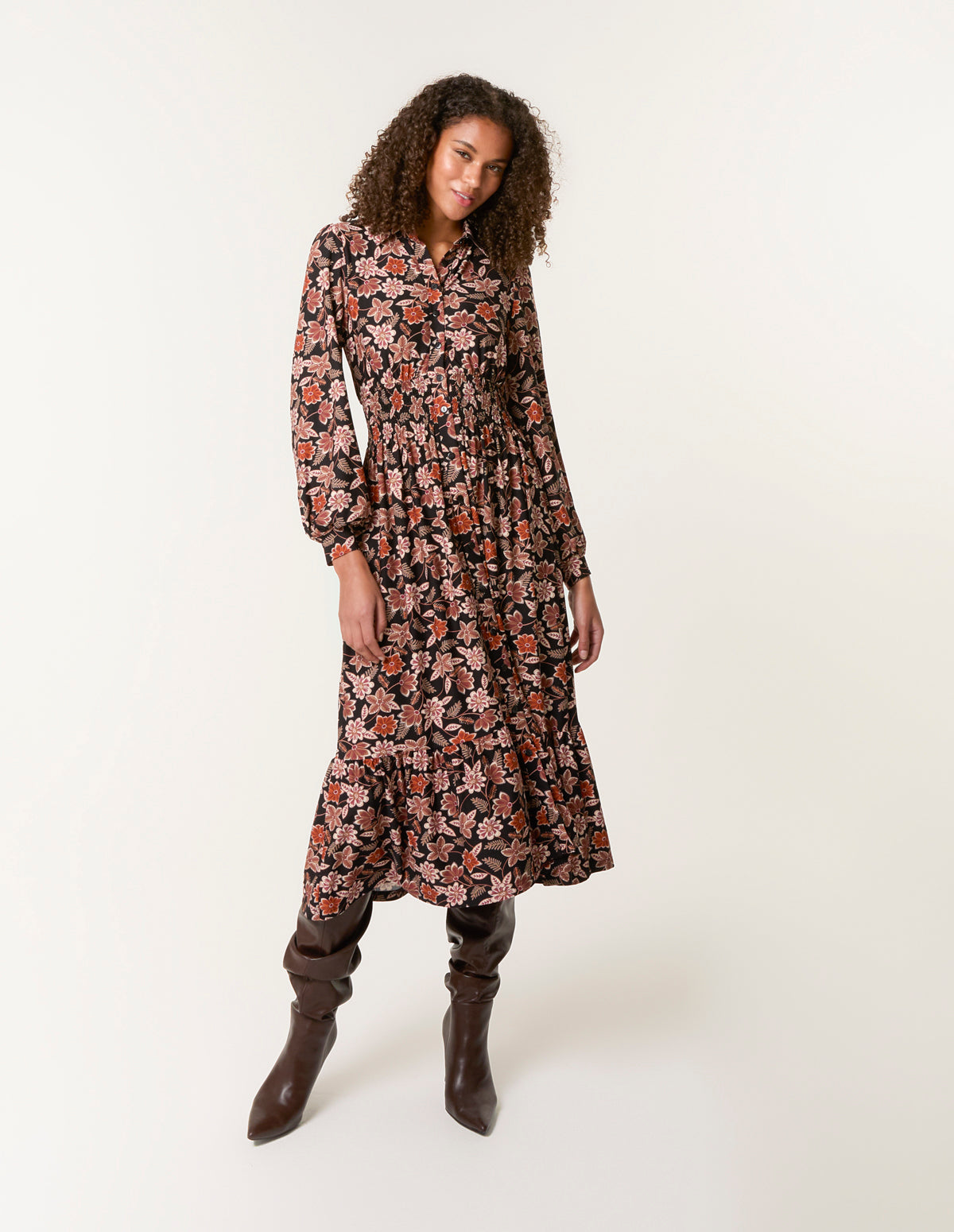 shirt floral dress Black Pattern | Floral Printed Shirred Waist Midi Shirt Dress