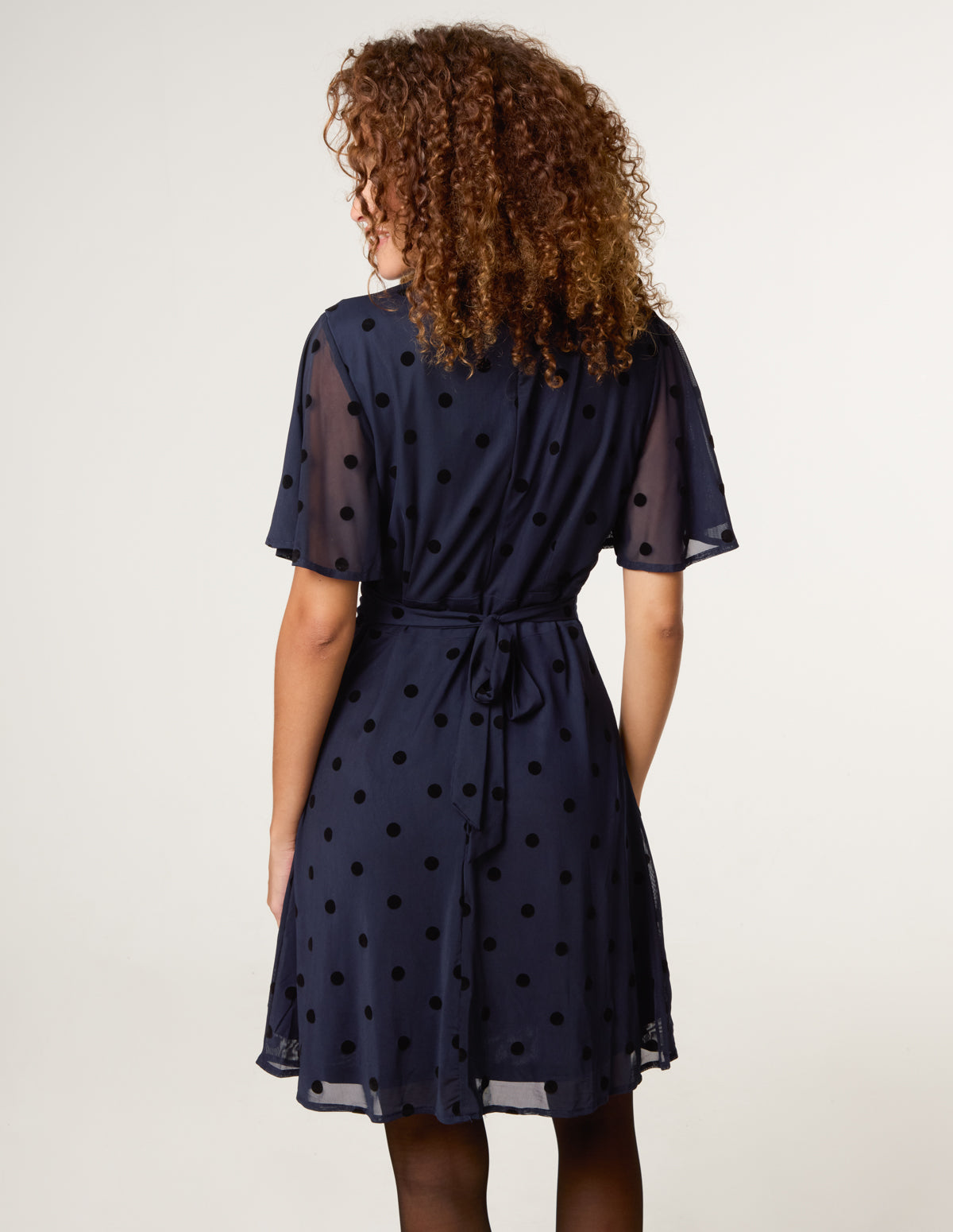 blue vanilla polka dot dress Polka Dot Tie Neck Midi Dress