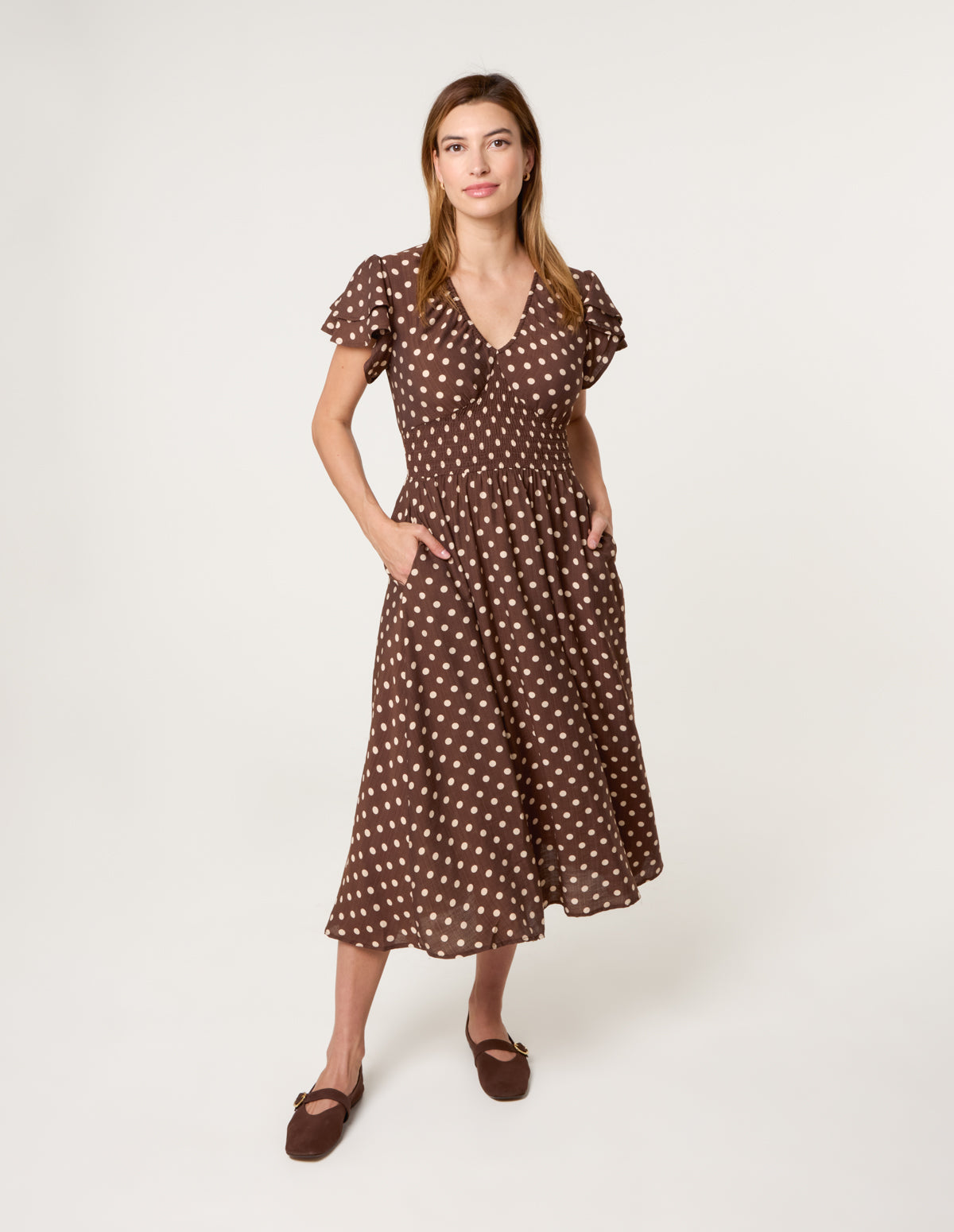 Brown | Polka Dot Double Frill Shirred Midi Dress | Blue Vanilla Brown | Polka Dot Double Frill Shirred Midi Dress | Blue Vanilla