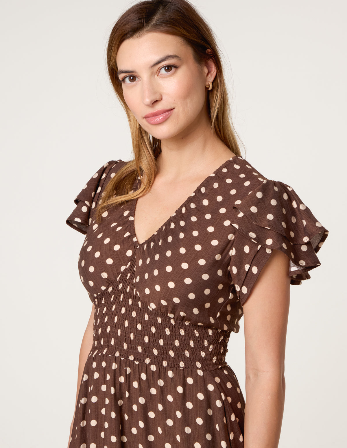 Brown | Polka Dot Double Frill Shirred Midi Dress | Blue Vanilla Brown | Polka Dot Double Frill Shirred Midi Dress | Blue Vanilla