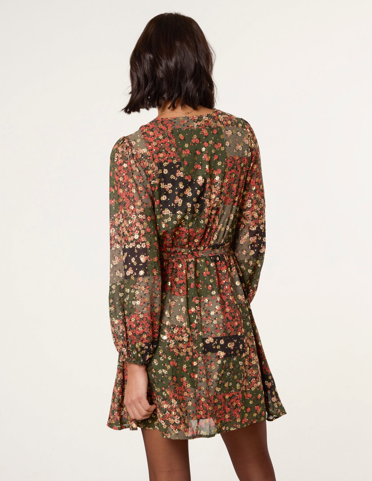 Khaki | Gold Foil Patchwork Mini Dress Blue Vanilla Khaki | Gold Foil Patchwork Mini Dress Blue Vanilla