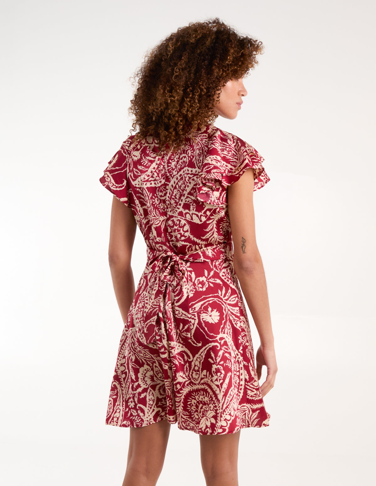 Burgundy | Paisley Wrap Front Ruffle Sleeve Mini Dress