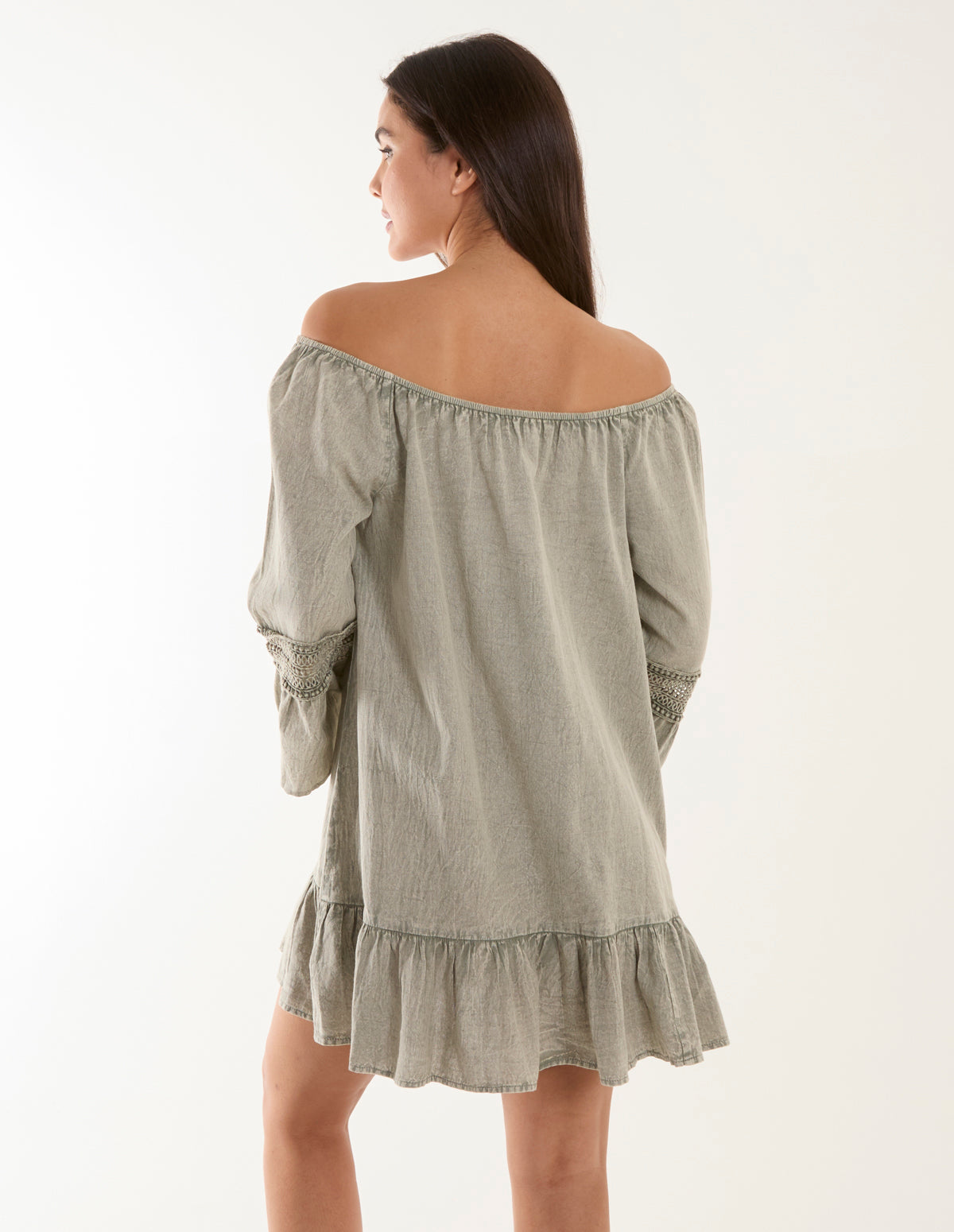 Khaki | Lace Trim Elasticated Bardot Neck Tunic Dress | Blue Vanilla