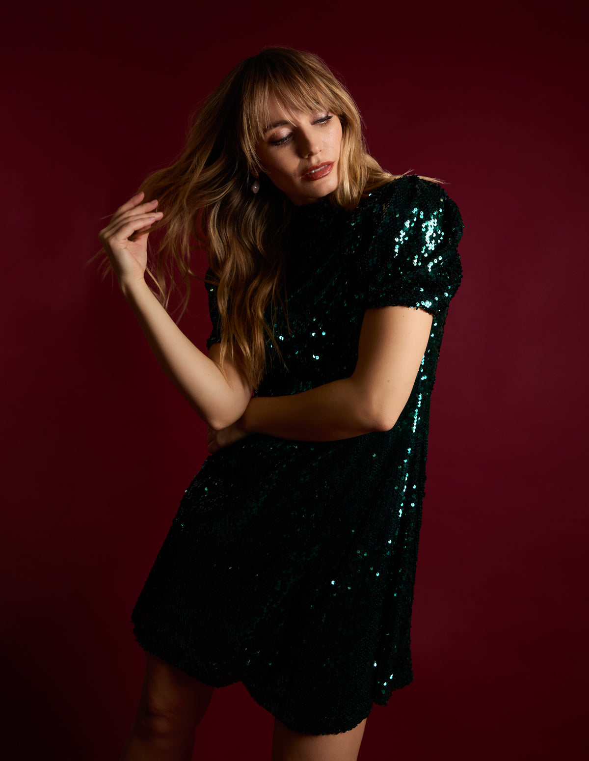 Bottle Green | Puff Sleeve Sequin Dress | Blue Vanilla Bottle Green | Puff Sleeve Sequin Dress | Blue Vanilla