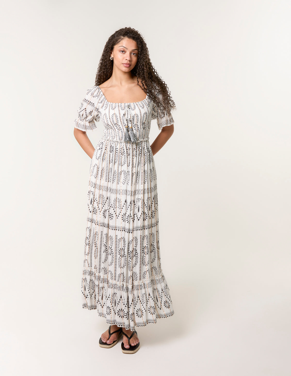 ivory milkmaid dress | Shirred Square Neck Midi Style:Pump