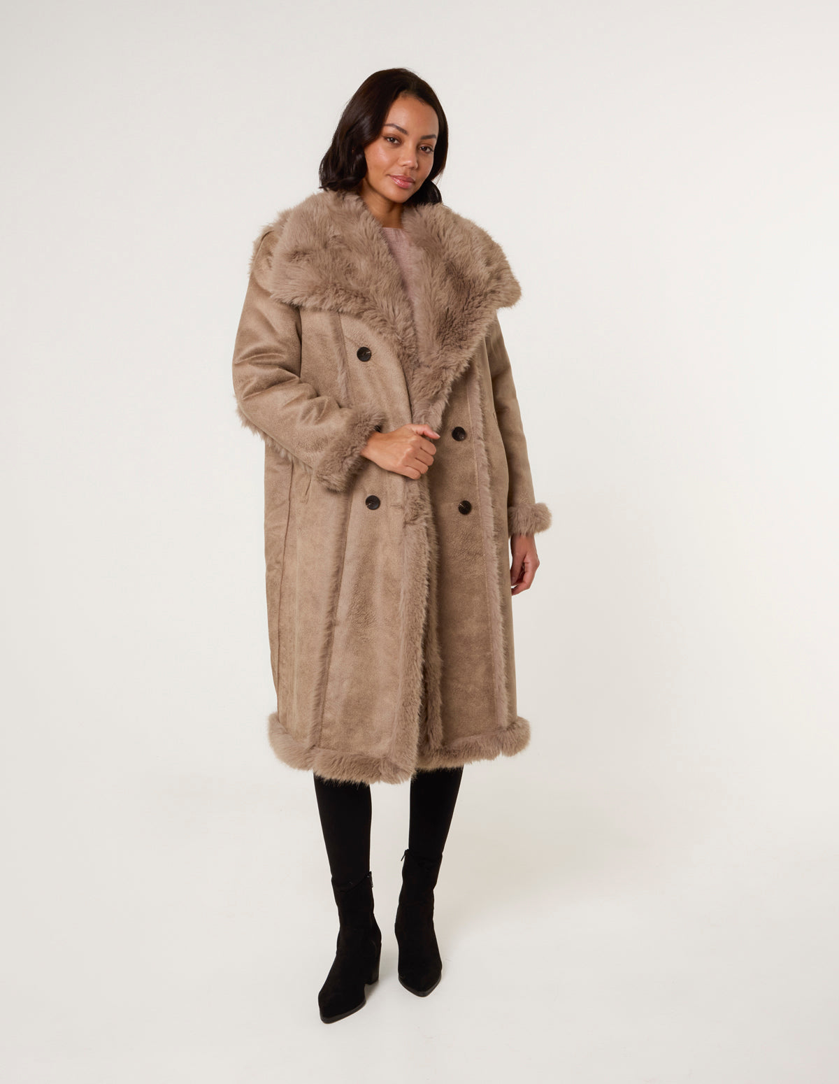 Camel | Reversible Midi Fur Coat | Blue Vanilla