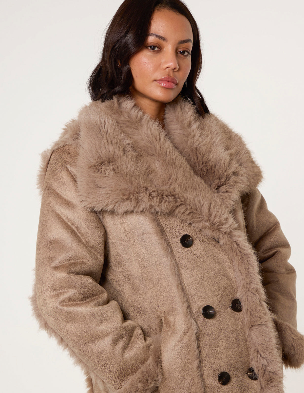 Camel | Reversible Midi Fur Coat | Blue Vanilla