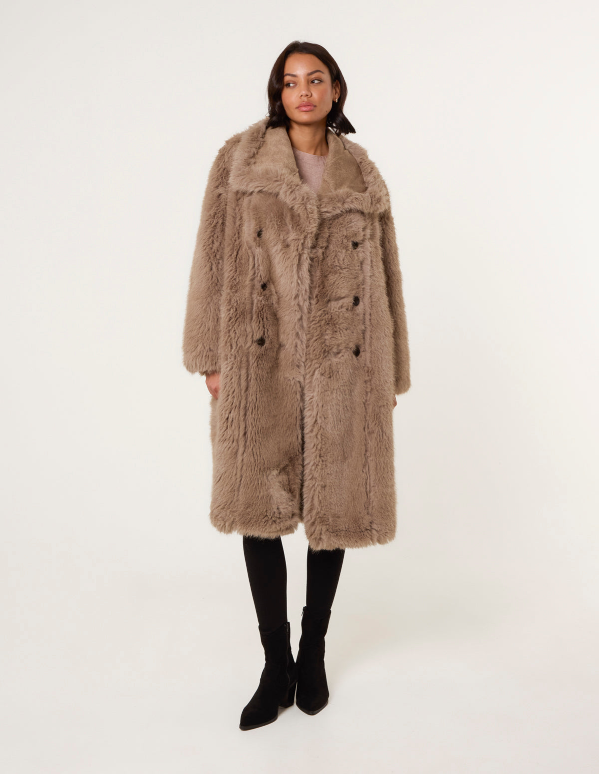 Camel | Reversible Midi Fur Coat | Blue Vanilla