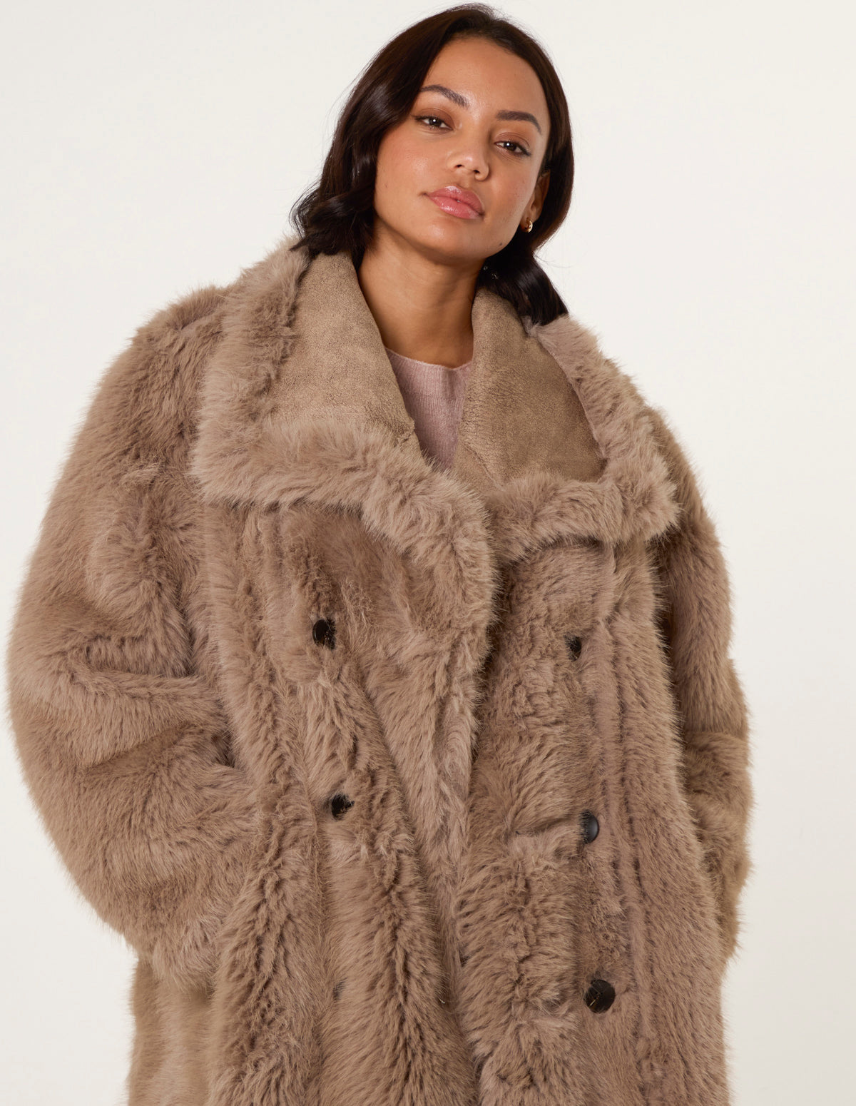 Camel | Reversible Midi Fur Coat | Blue Vanilla