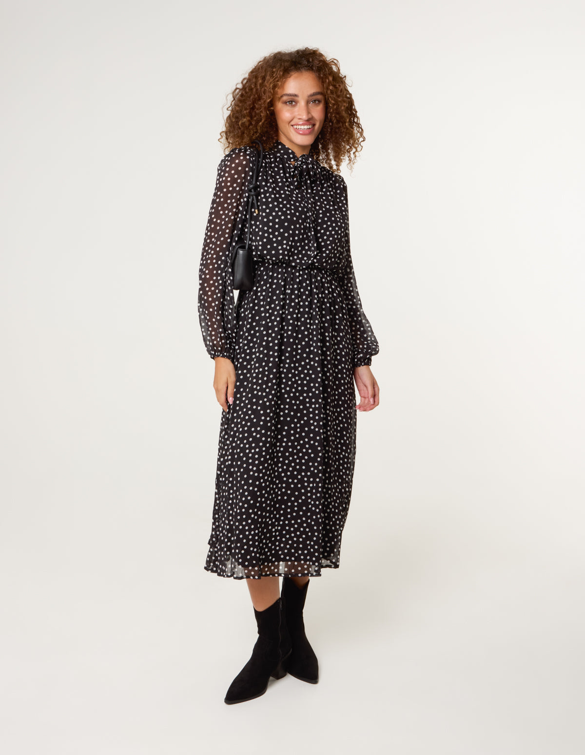 Black Pattern | Polka Dot High Neck Midi Dress | Blue Vanilla Black Pattern | Polka Dot High Neck Midi Dress | Blue Vanilla