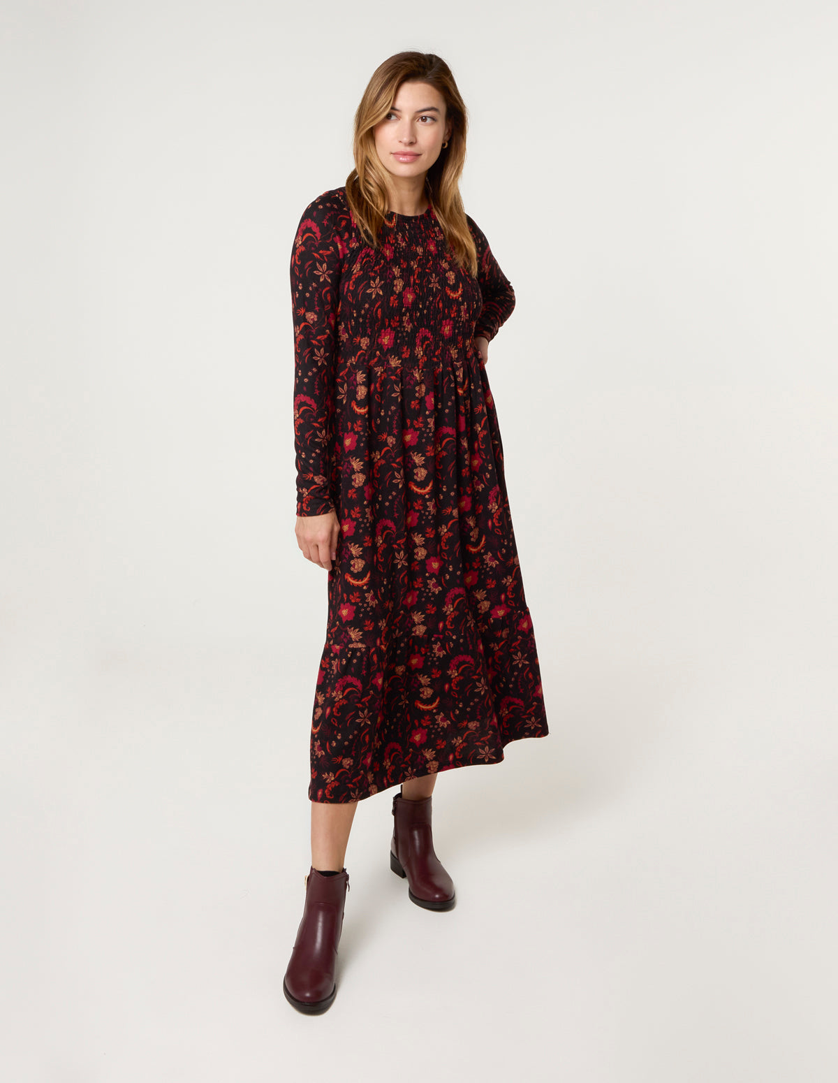 Black | Frill High Neck Shirred Waist Paisley Dress