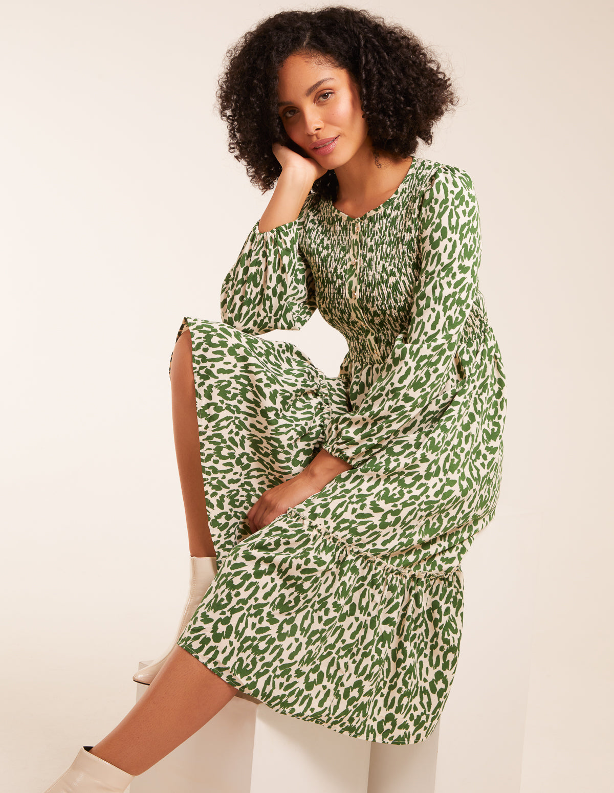 Green Leopard Print Shirred Tiered Hem Midi Dress