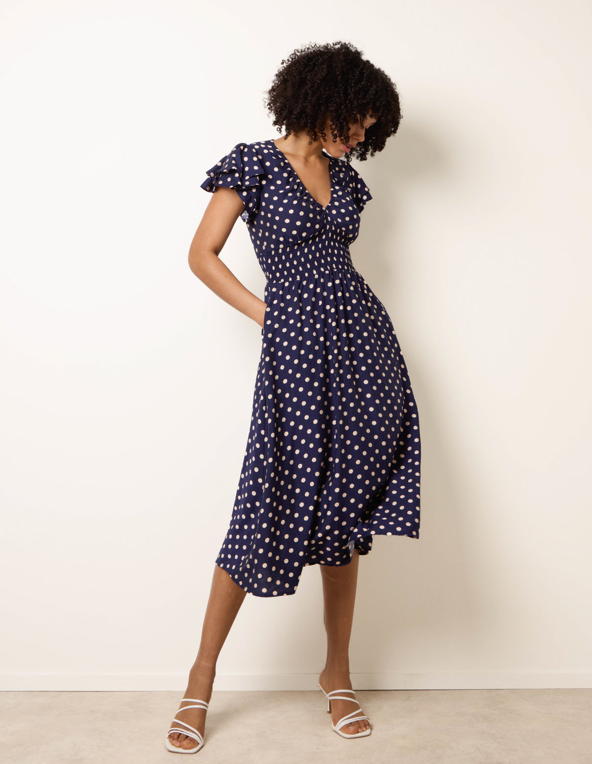 Navy | Polka Dot Elastic V Neck Midi Dress | Blue Vanilla Navy | Polka Dot Elastic V Neck Midi Dress | Blue Vanilla