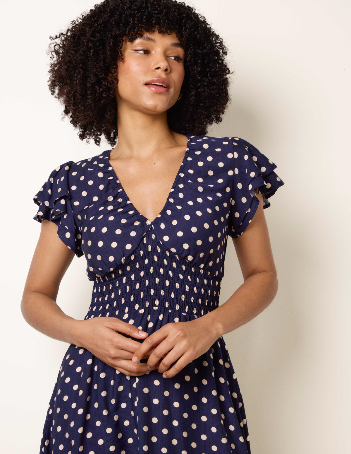 Navy | Polka Dot Elastic V Neck Midi Dress | Blue Vanilla Navy | Polka Dot Elastic V Neck Midi Dress | Blue Vanilla