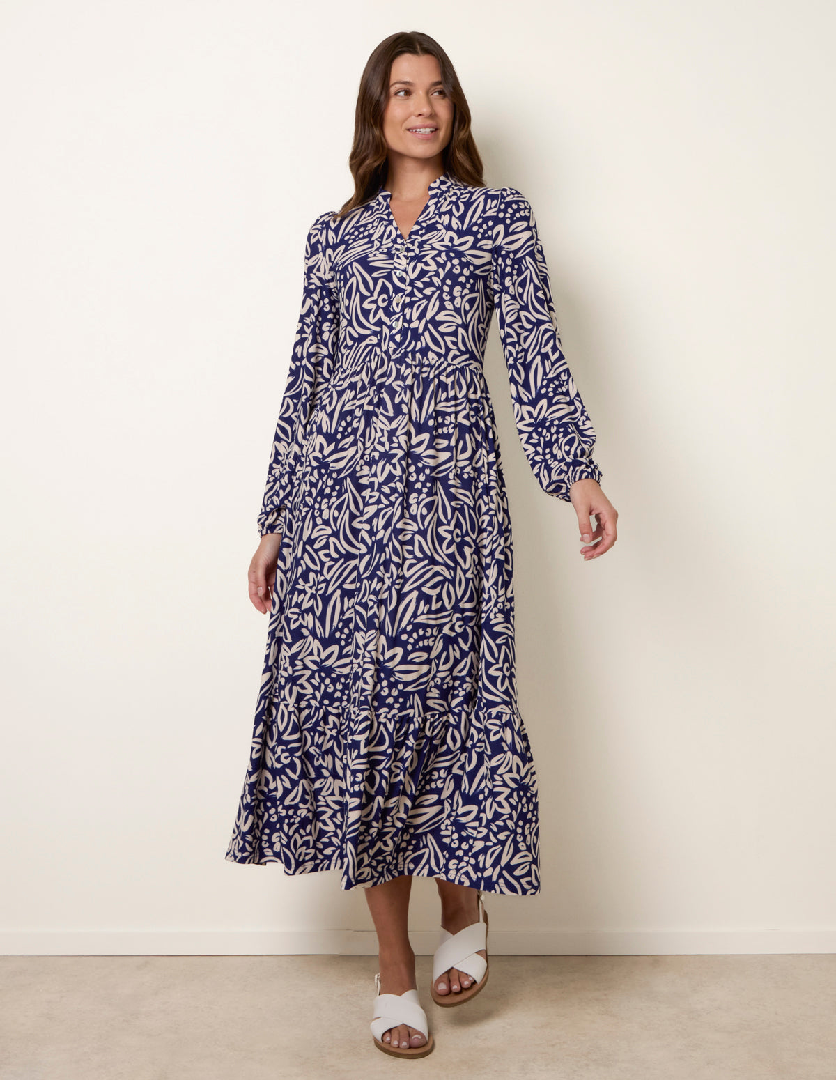 Navy | Button Front Collared Midi Dress