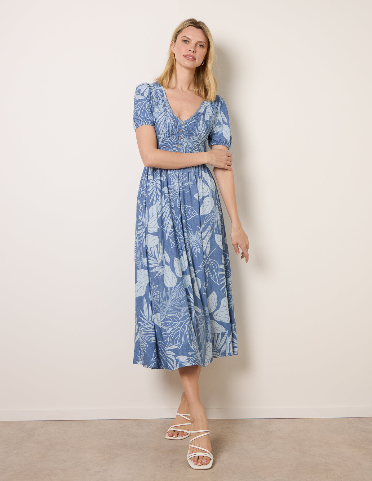 Shirred Button V Neck Midi Dress