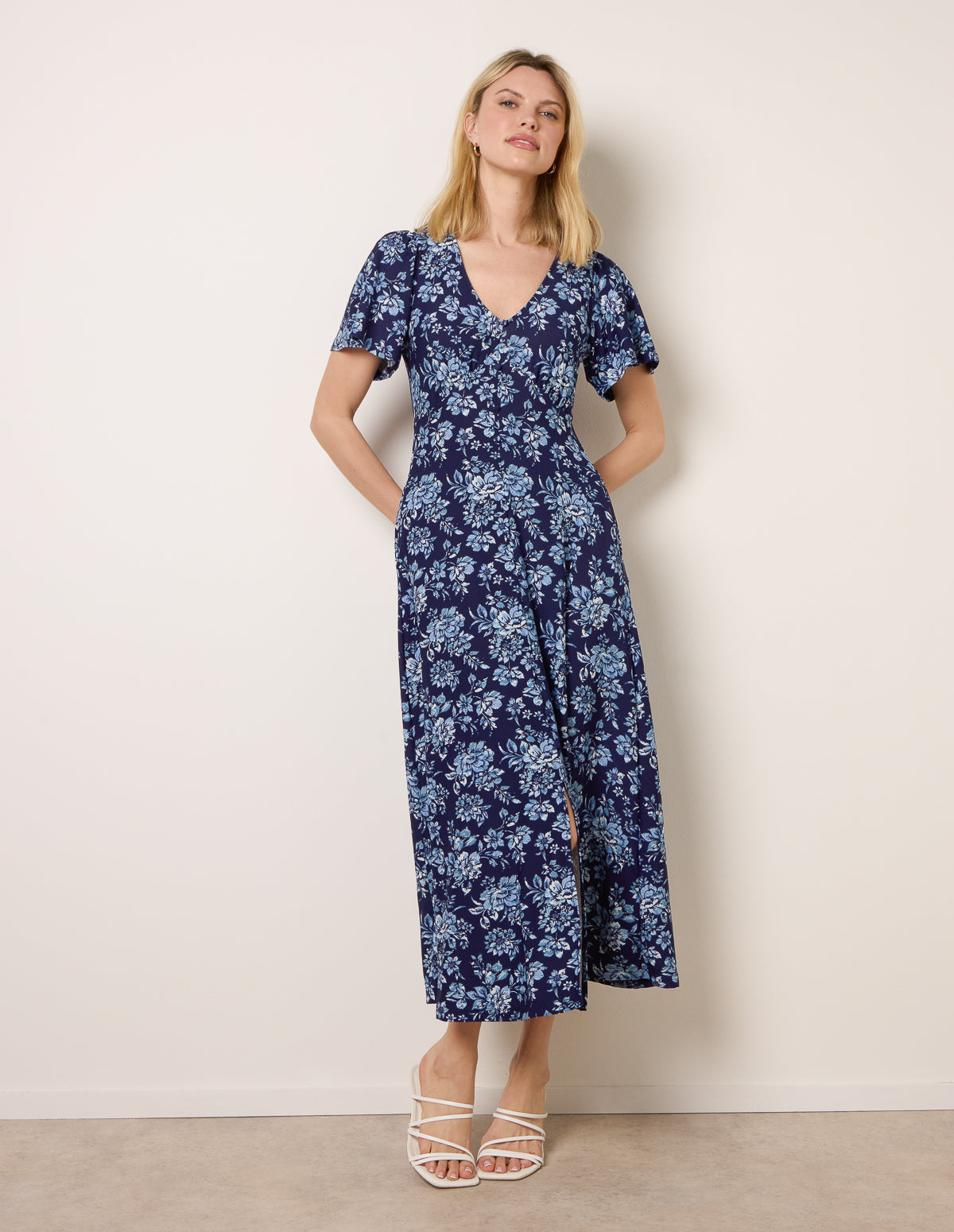 Blue | Floral Button Through Midi Dress