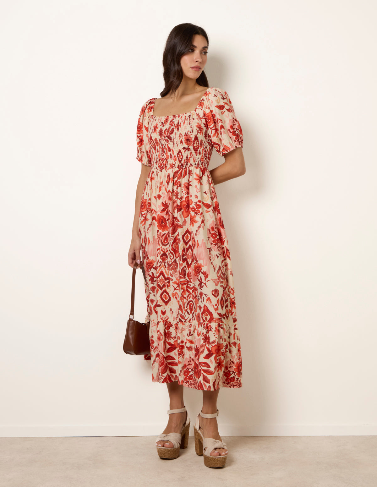 floral shirred midi dress Watercolour Floral Shirred Puff Sleeve Midi Dress