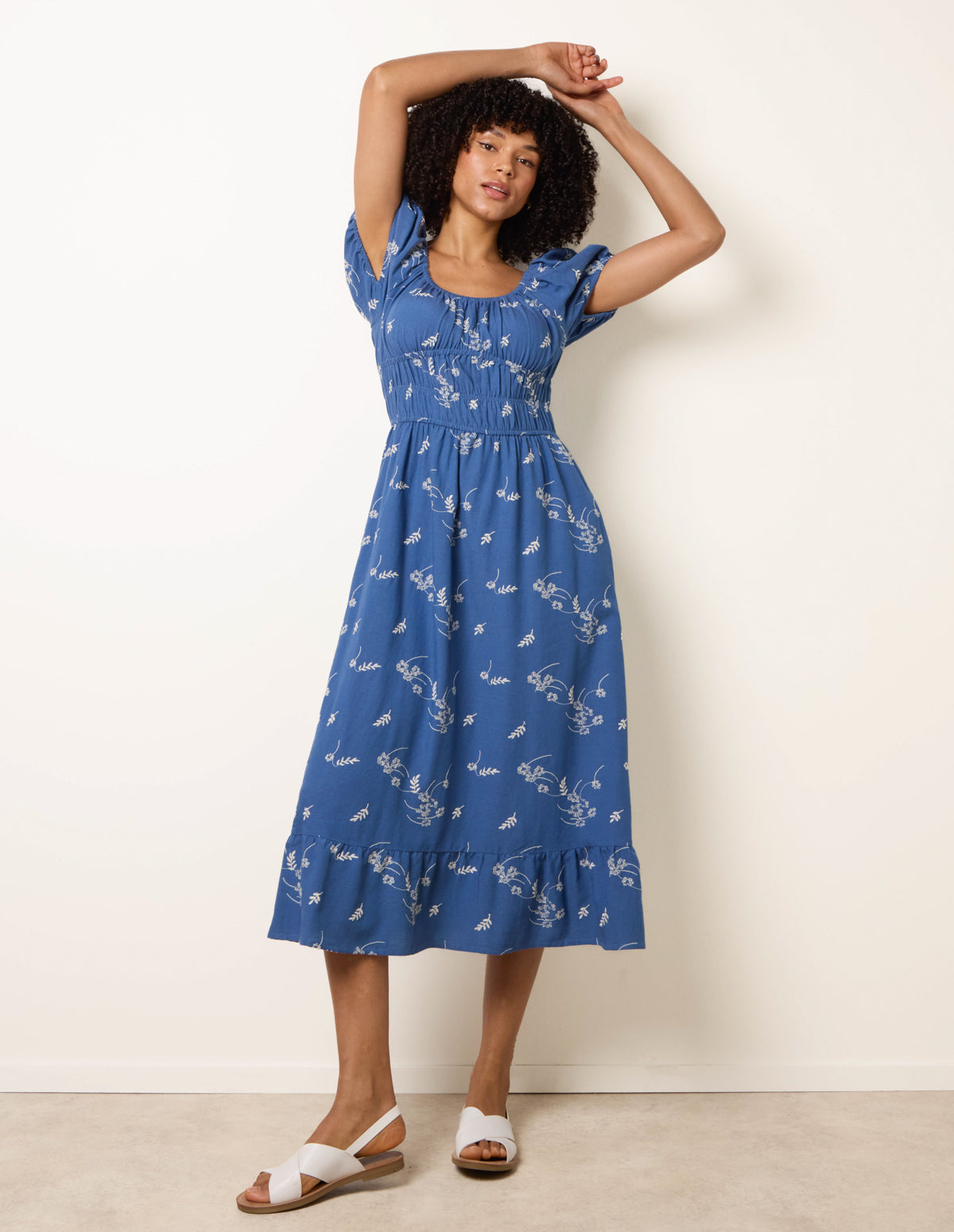 blue milkmaid midi dress Denim | Embroidery Color:Powder Blue Silver