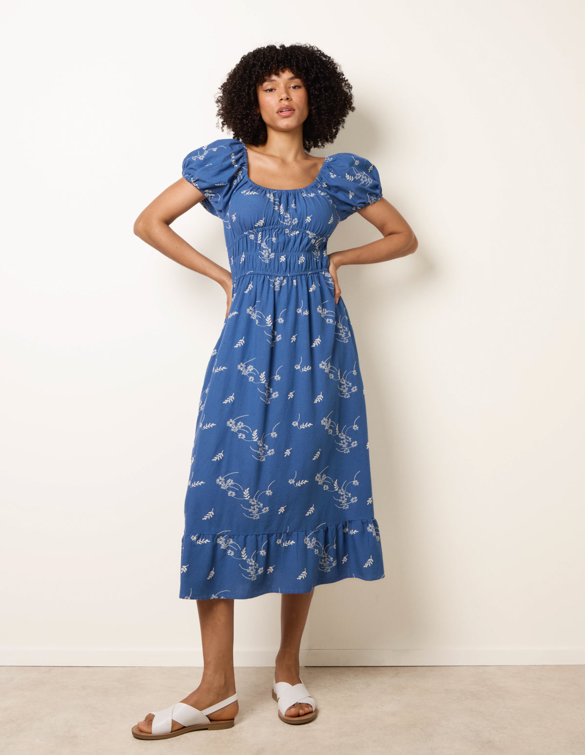 Denim | Embroidery Milkmaid Midi Dress