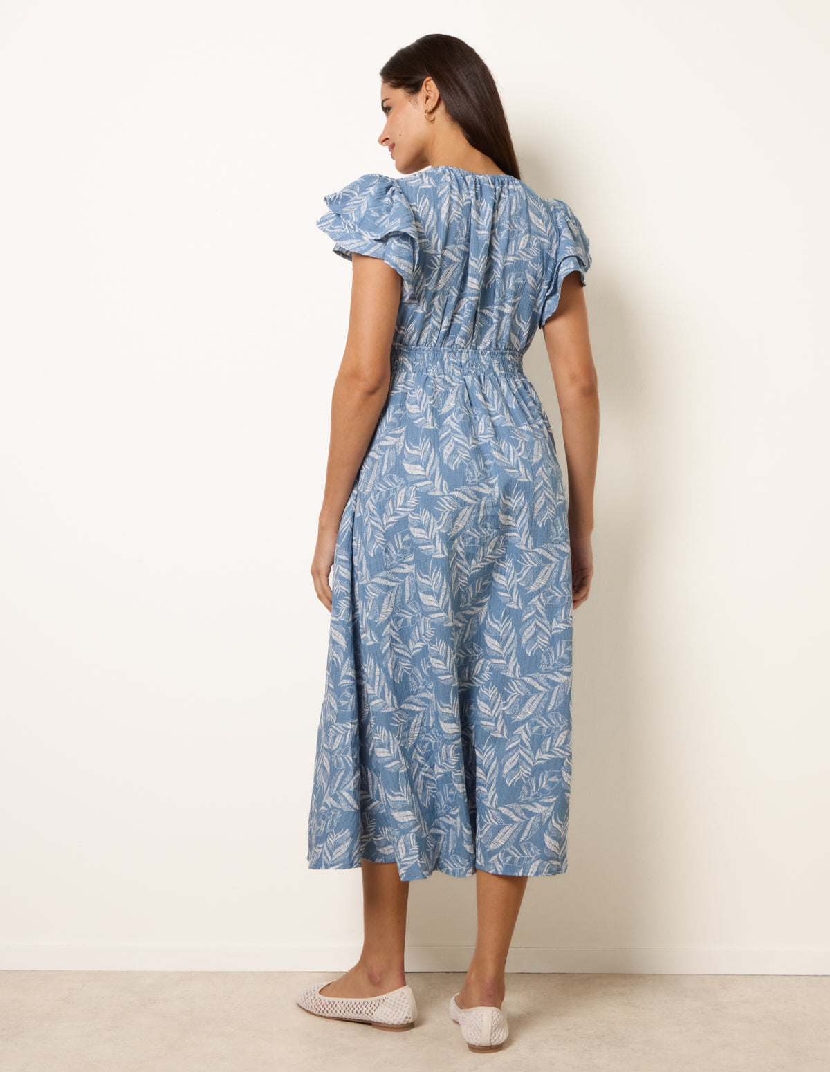 Blue Pattern | V Neck Flutter Midi Dress