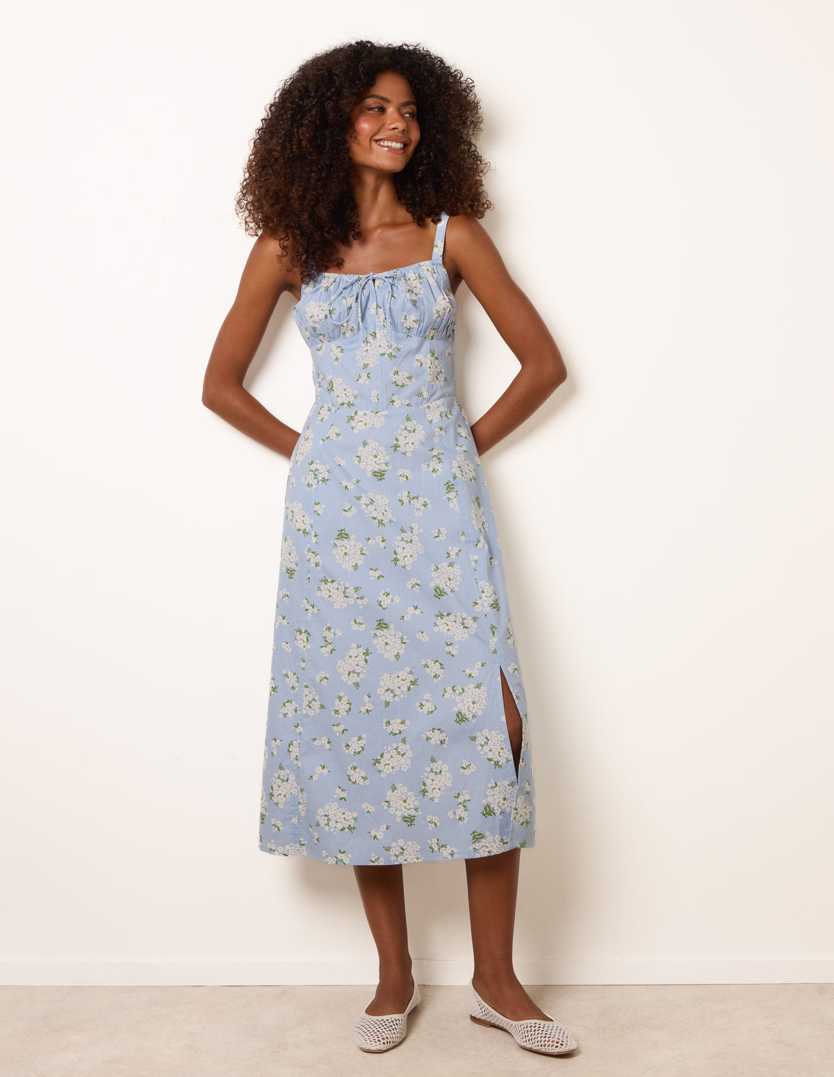 Blue | Midi Milkmaid Floral Dress