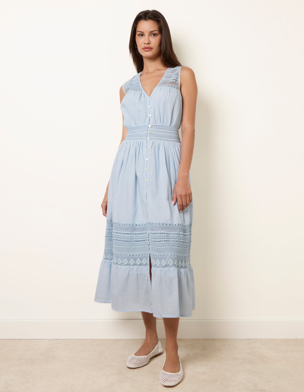 Blue | Crochet Insert Button Midi Dress