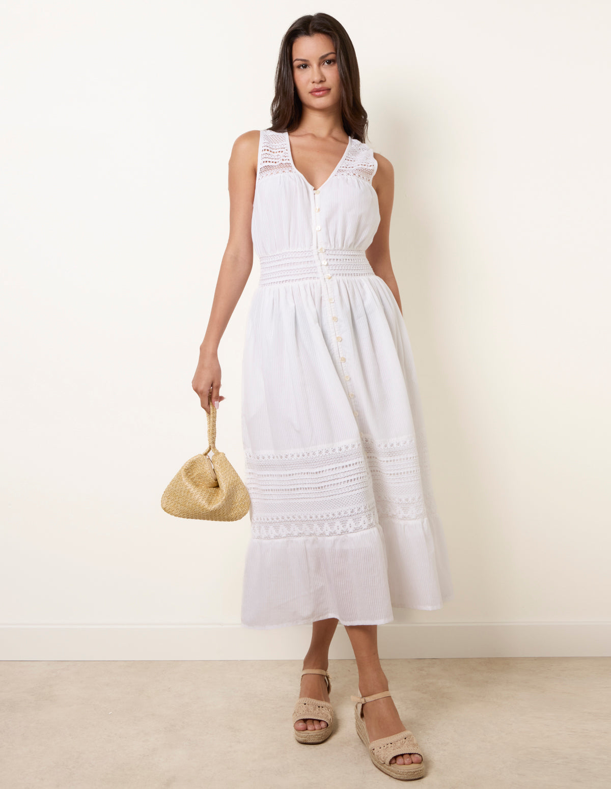 crochet insert dress Crochet Insert Button Midi Dress
