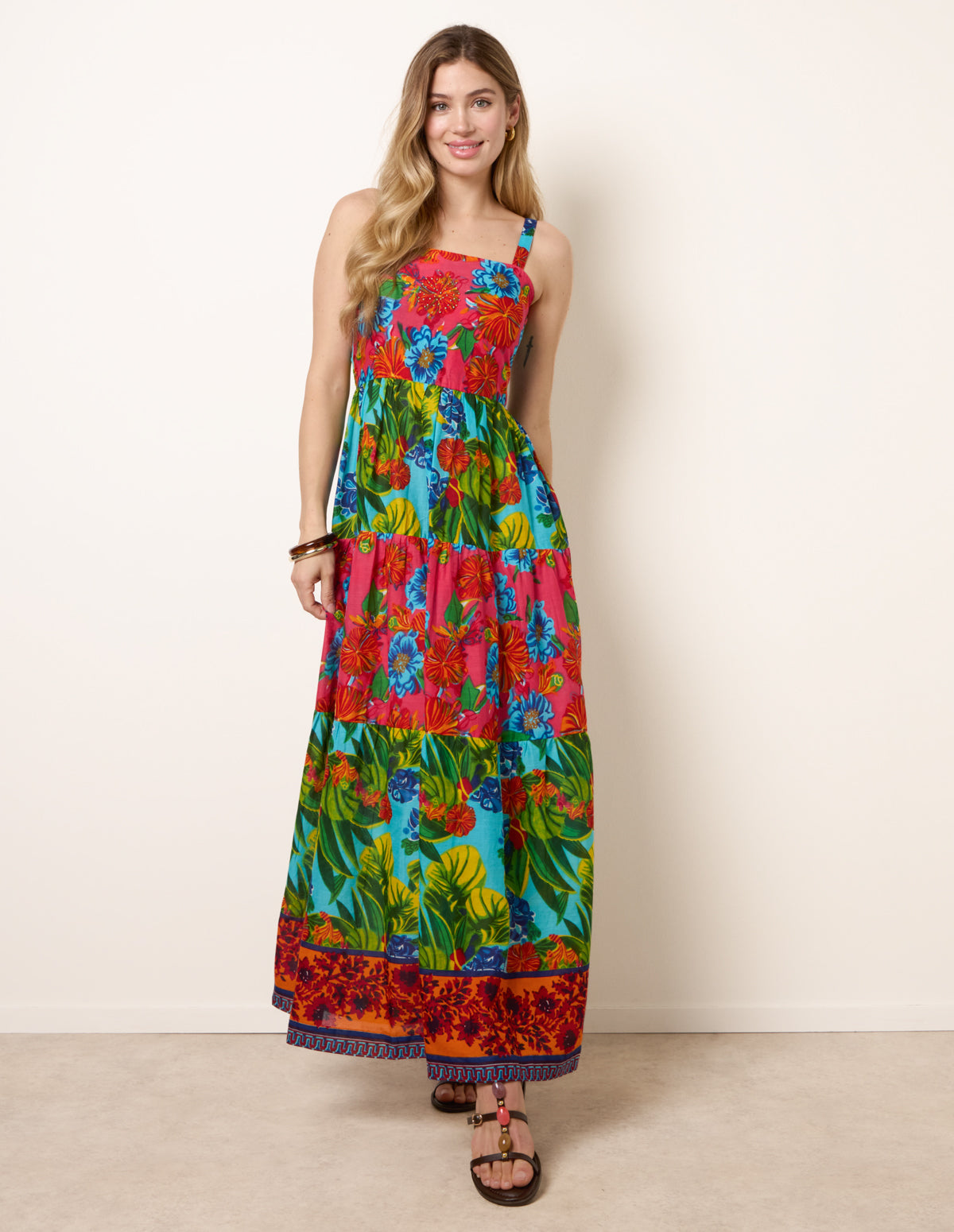 Multi | Tropical Beaded Detailed Tiered Maxi Dress | Blue Vanilla Multi | Tropical Beaded Detailed Tiered Maxi Dress | Blue Vanilla