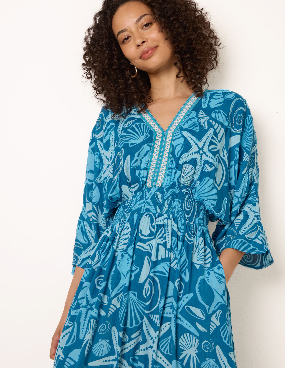 Blue | Embellished Kimono Style V Front Dress