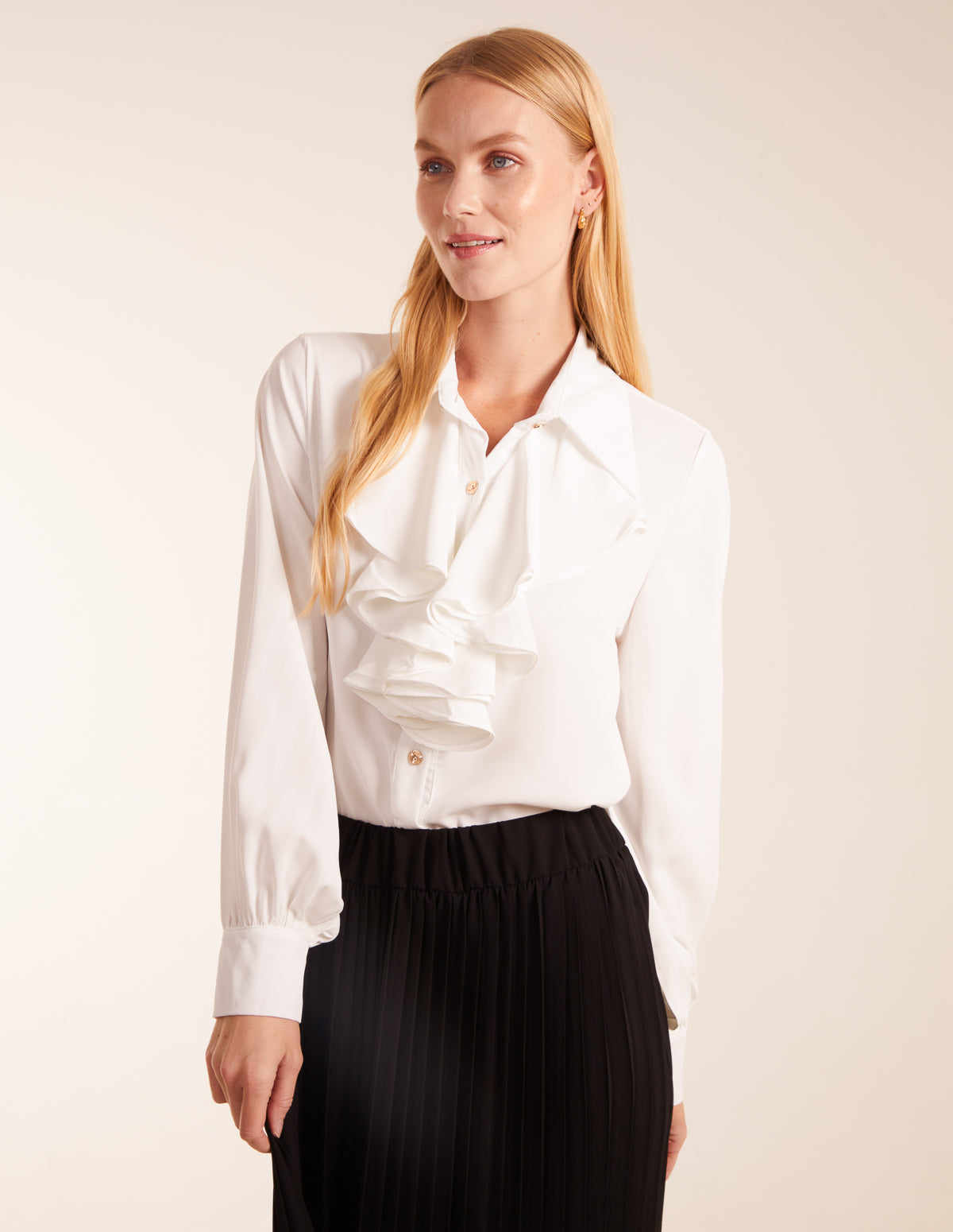 White Flounce Sleeve Blouse with Tie Neck