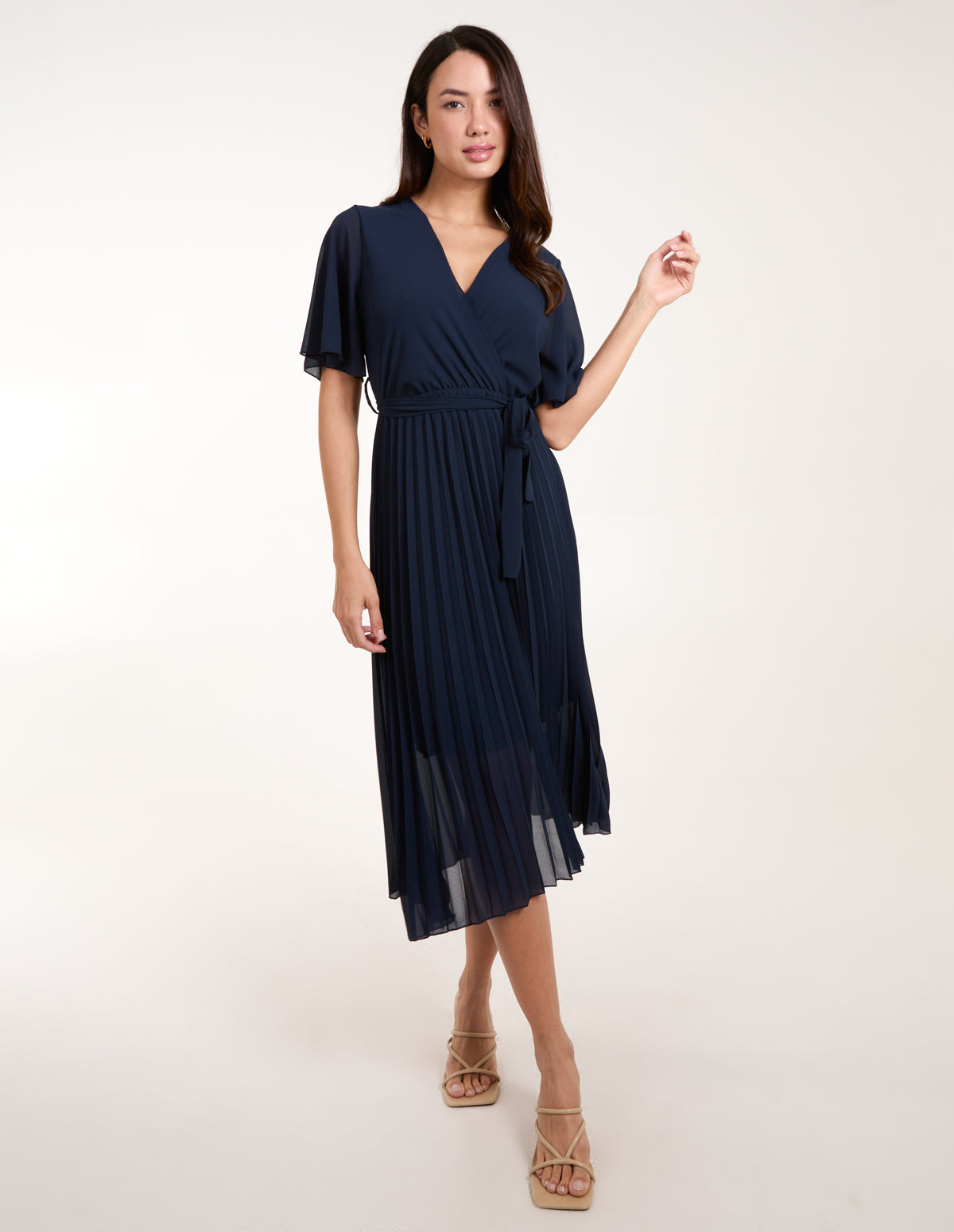 Navy Pleated Wrap Over Belted Dress Blue Vanilla