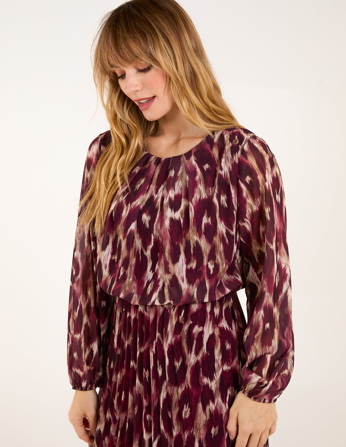 Wine | Round Neck Pleated Abstract Leopard Dress | Blue Vanilla Wine | Round Neck Pleated Abstract Leopard Dress | Blue Vanilla