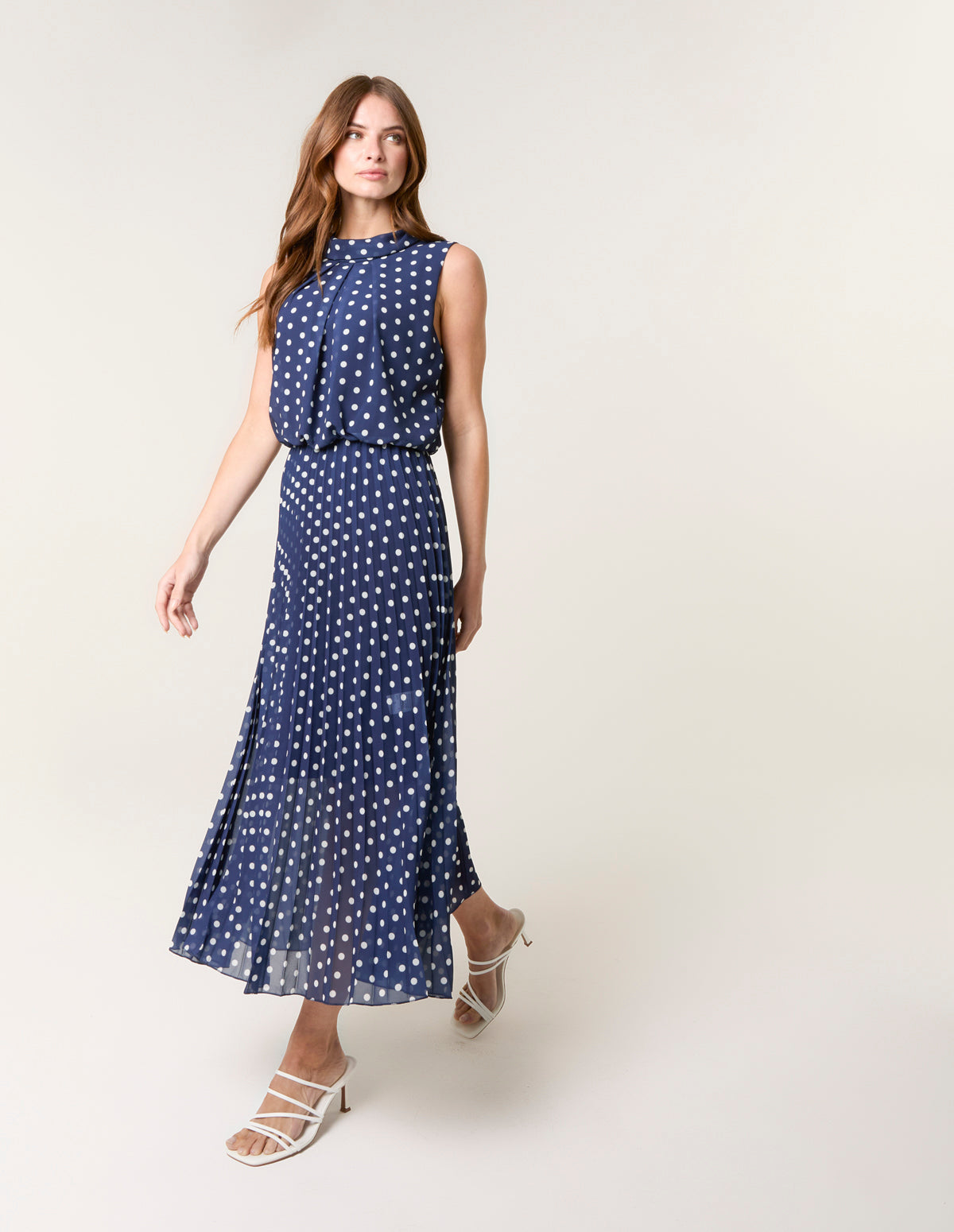 Polka Dot Sleeveless Cowl Pleat Dress