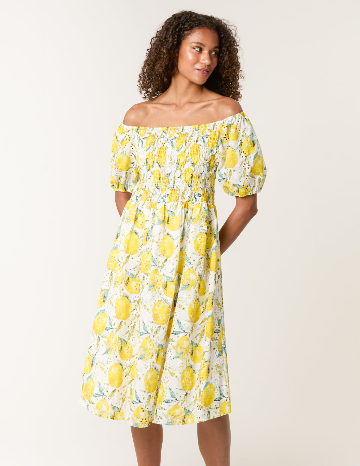 Lemon Lemon Print Broderie Anglaise Shirred Dress Blue Vanilla