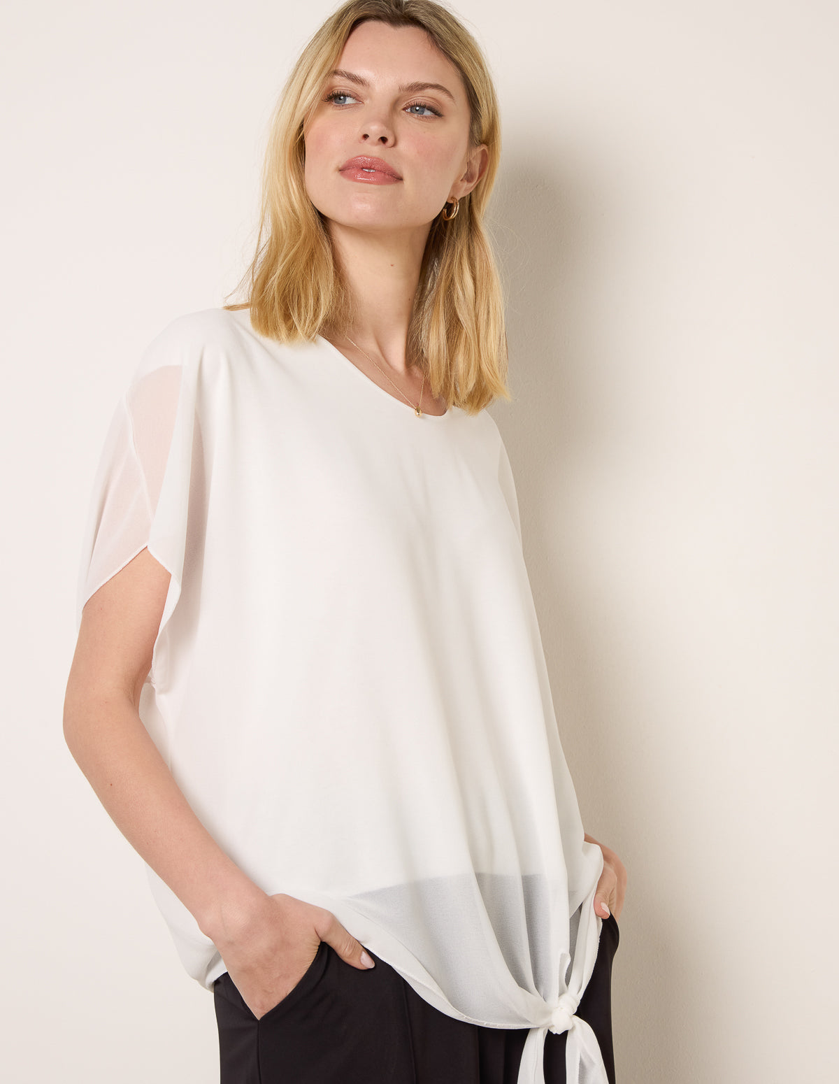 White | Tie Knot Metallic Chiffon Blouse │ Blue Vanilla