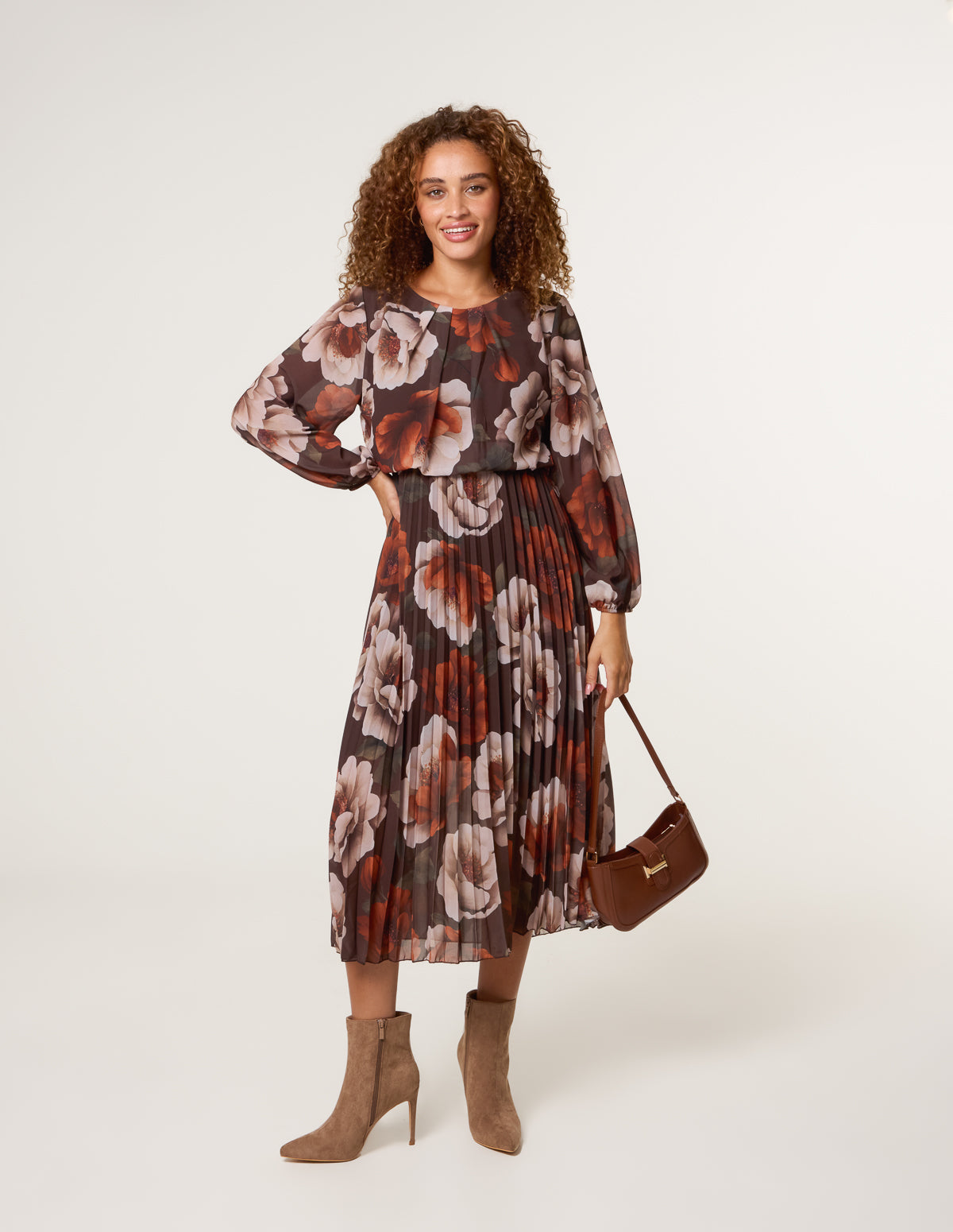 Brown | Large Watercolour Floral Scoop Neck Puffball Pleated Dress Blue Vanilla Brown | Large Watercolour Floral Scoop Neck Puffball Pleated Dress Blue Vanilla
