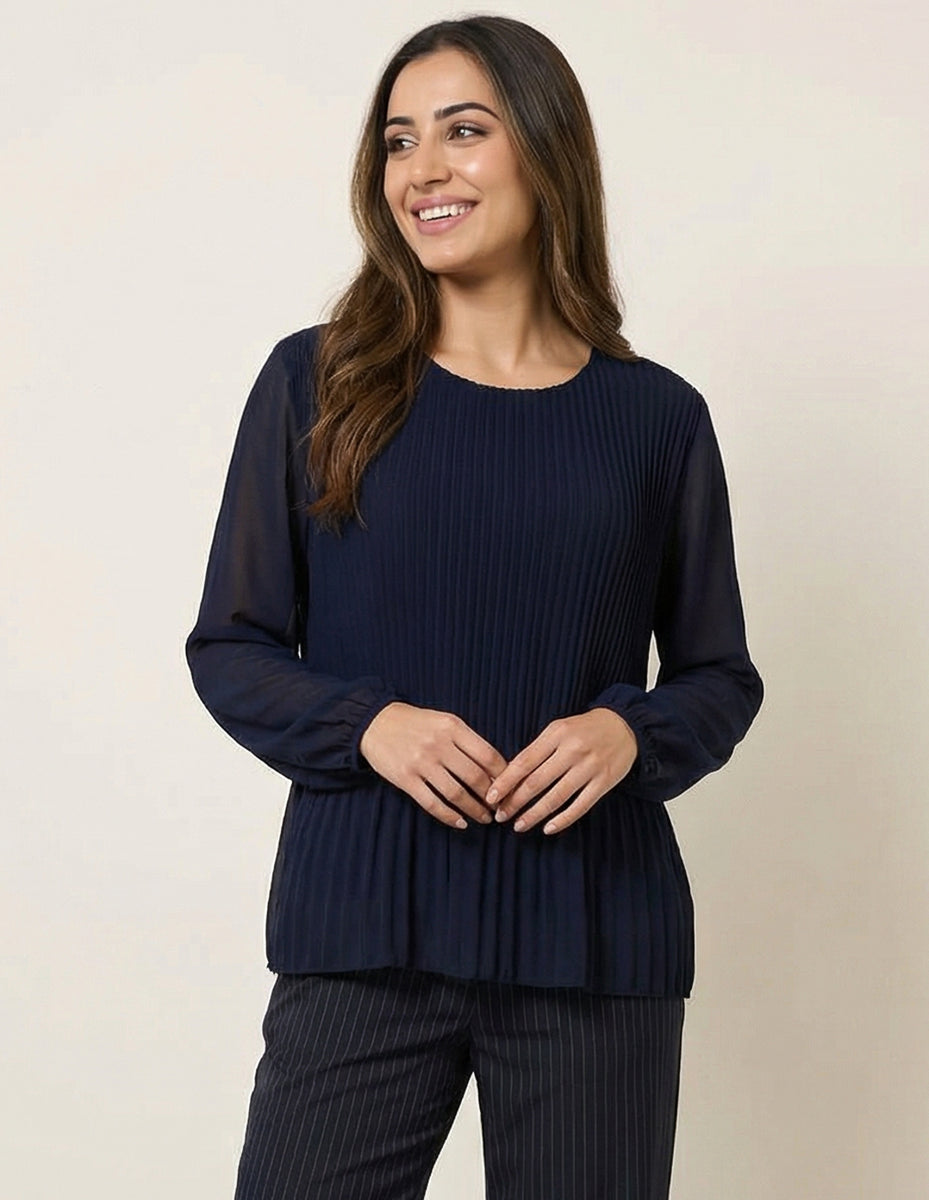 Navy | Long Sleeve Pleated Top | Blue Vanilla