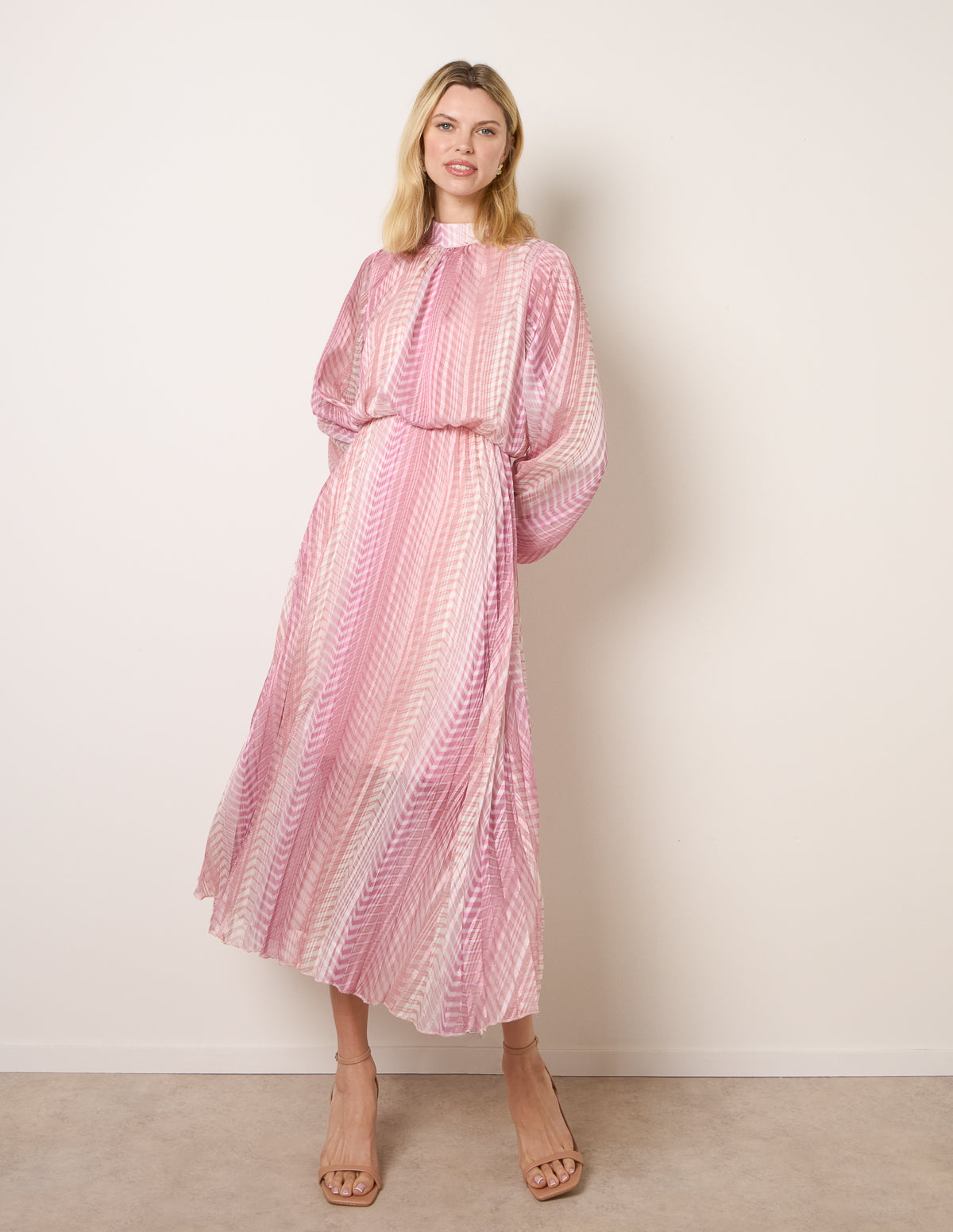 Pink | Zig Zag Metallic High Neck Puffball Pleated Dress