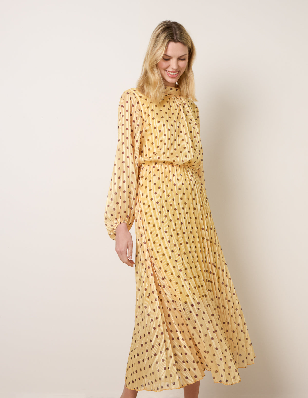 Yellow | Polka Dot Cowl Neck Pleated Long Sleeve Dress Yellow | Polka Dot Cowl Neck Pleated Long Sleeve Dress